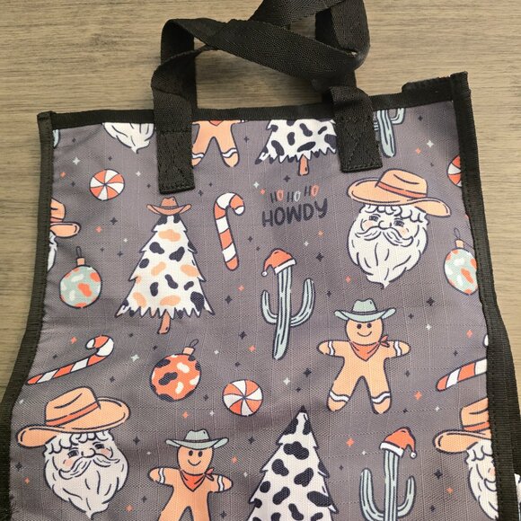Western Cowboy Santa Christmas Gift Bag Tote with Handles | Gingerbread Cactus - Picture 4 of 5